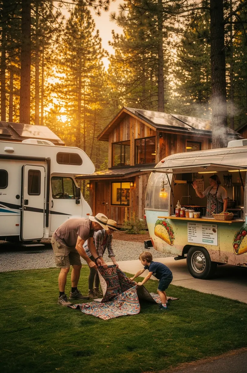 Современное освещение и инфраструктура обеспечивают безопасность и комфорт на территории стоянки для автодомов.